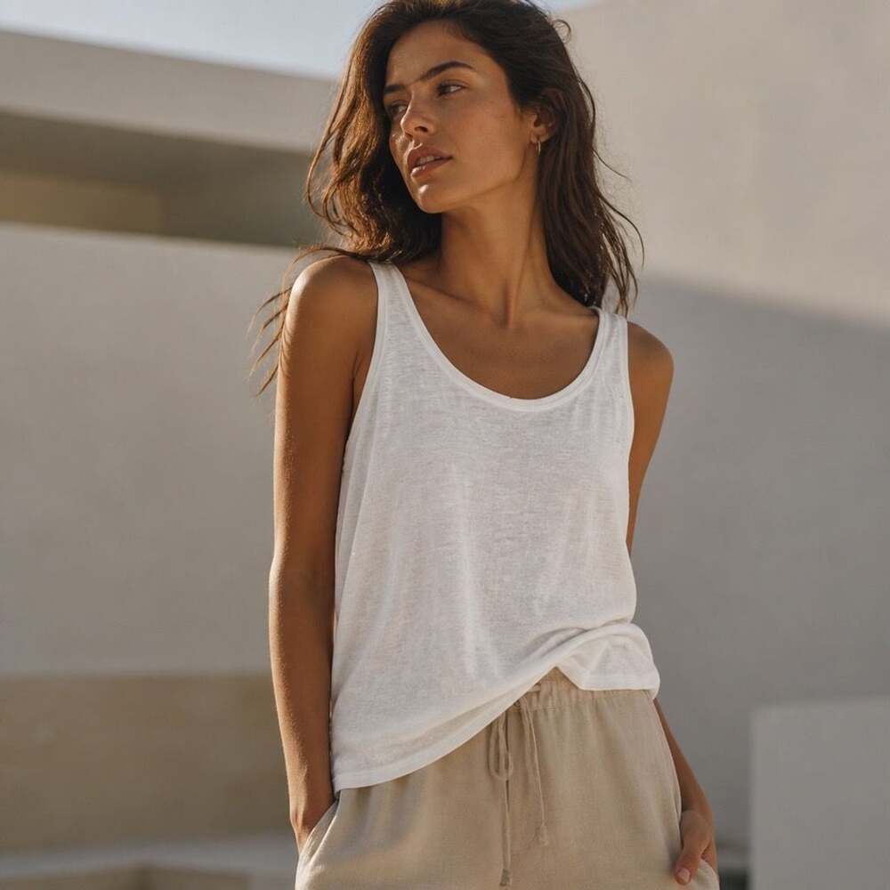 Eileen Fisher Organic Linen Jersey U-Neck Tank Top White Small S/P
